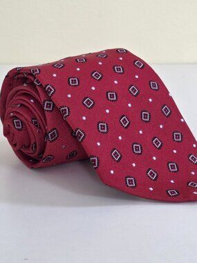 346 Brooks Brothers Silk Tie USA Made Red Multicolor Geometric AOP W3.25 L57.5